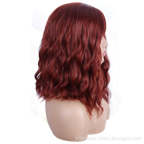 Short Natural Wave Copper red color  Water Wave Synthetic Wig For Women With  Bangs with factory price fiber wig synthetic hair